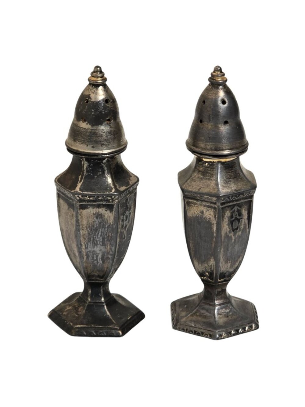 Vintage Silver-Plated Salt & Pepper Shaker Set With Hexagonal Base Made In USA - Picture 2 of 9